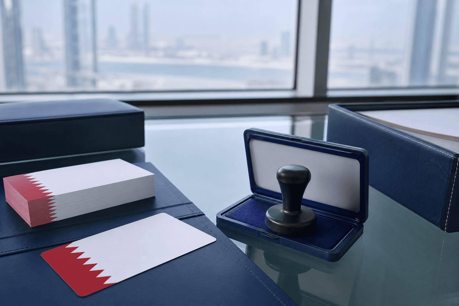 Official stamp and Bahrain business cards on a desk overlooking the Manama skyline