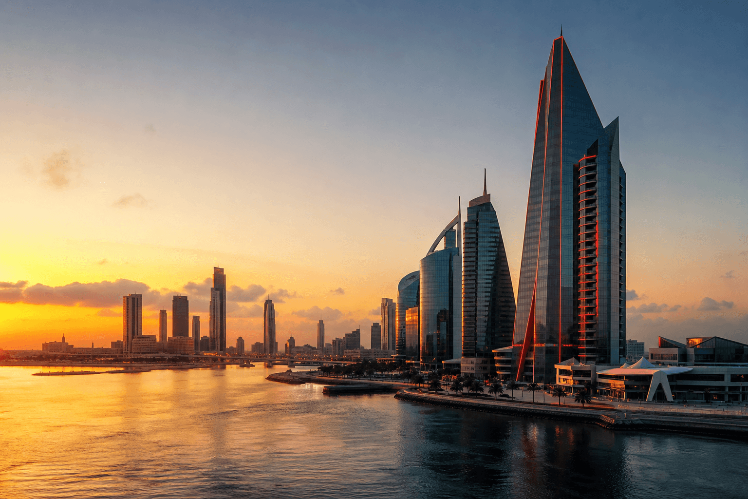 Manama skyline at sunset across the harbour for Bahrain company formation