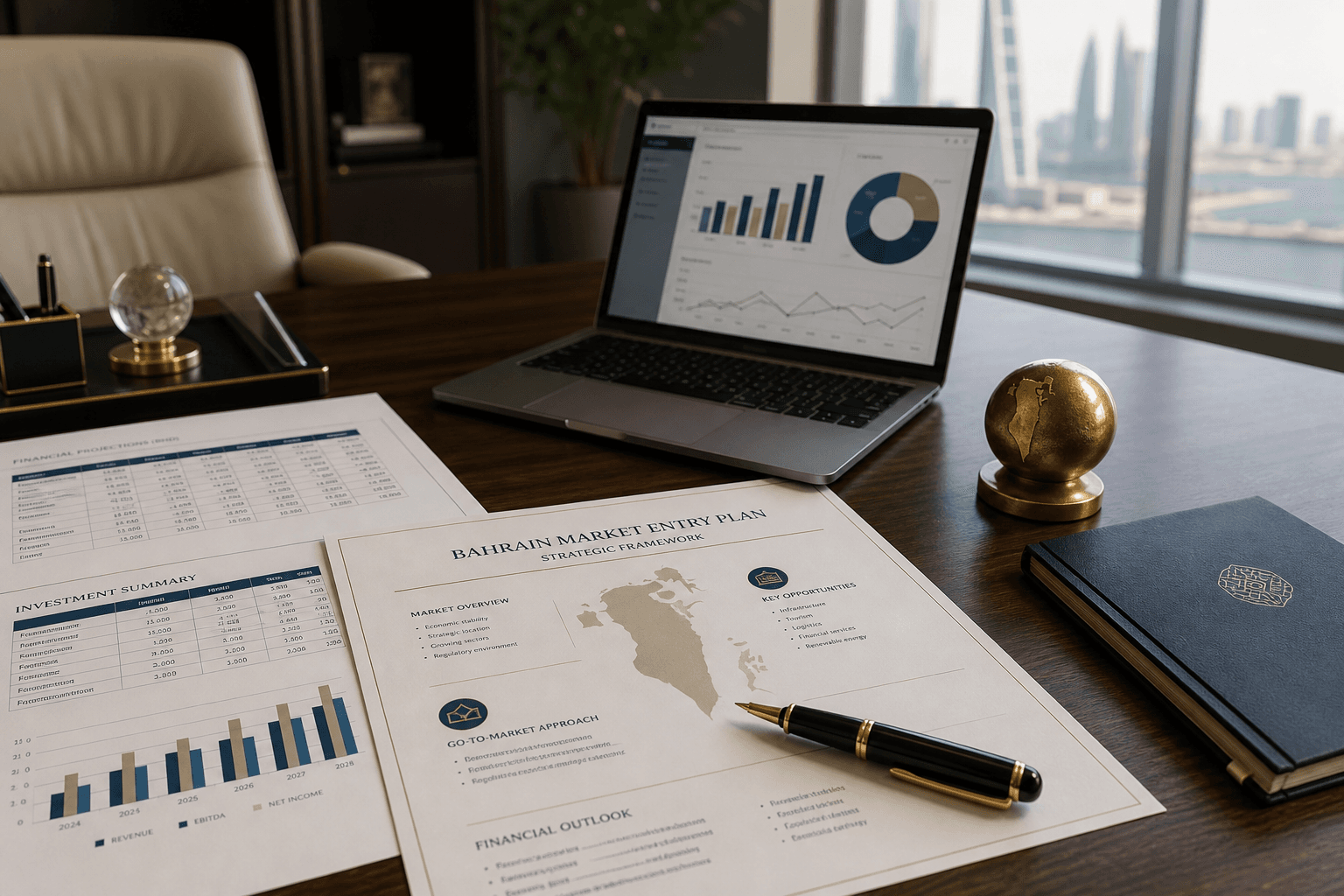 Market-entry plan, financial tables and strategy papers on a Bahrain corporate desk