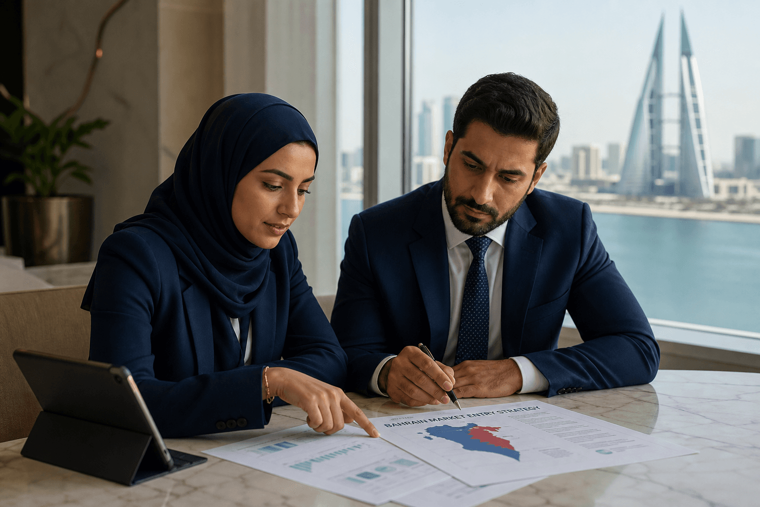 Consultants reviewing a Bahrain market-entry plan in a Manama office