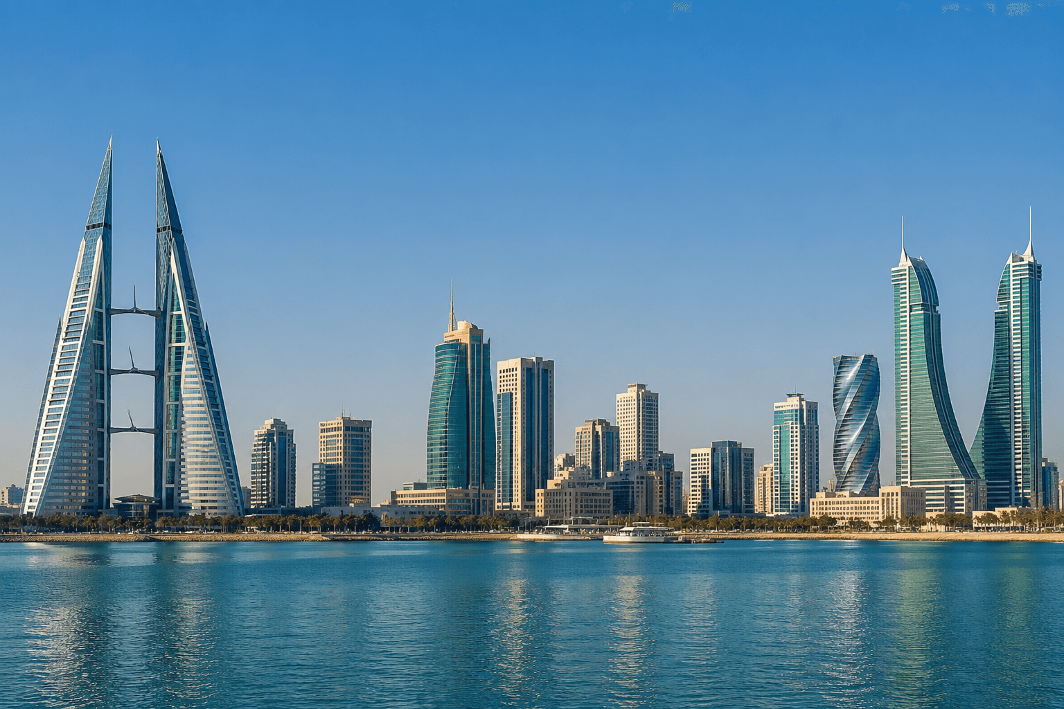 Manama skyline across the bay, including the Bahrain World Trade Center