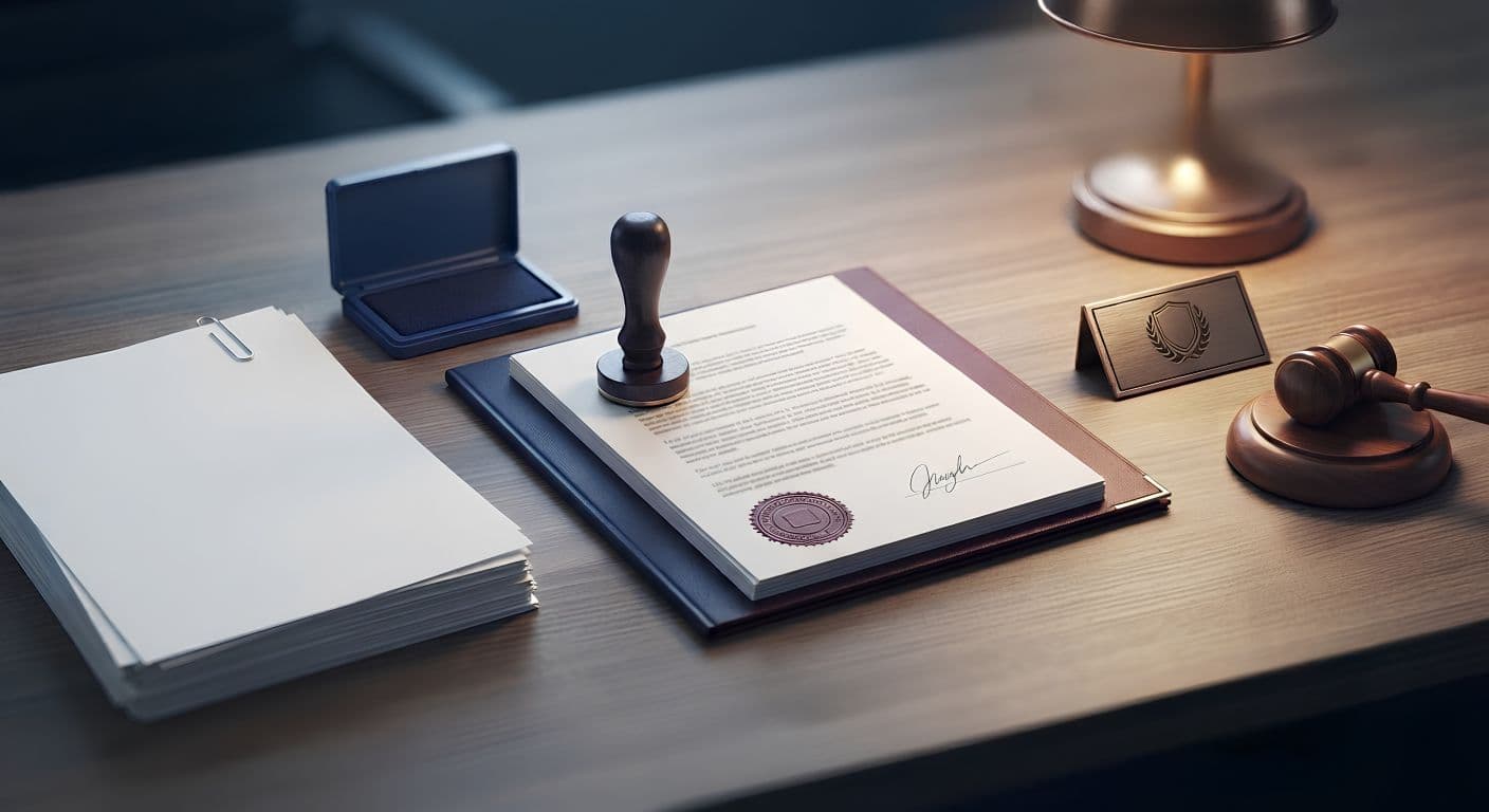 Notarised company document with official stamp prepared on a Bahrain corporate desk