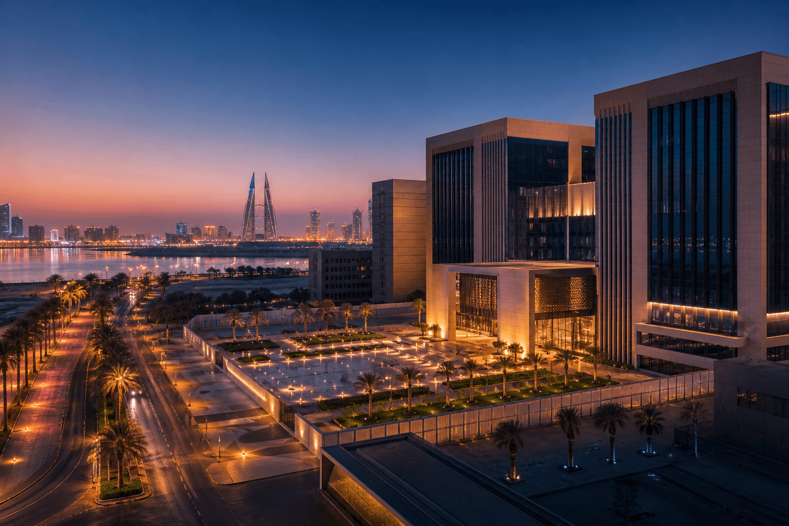 Manama business plaza at dusk for Bahrain PRO and government services