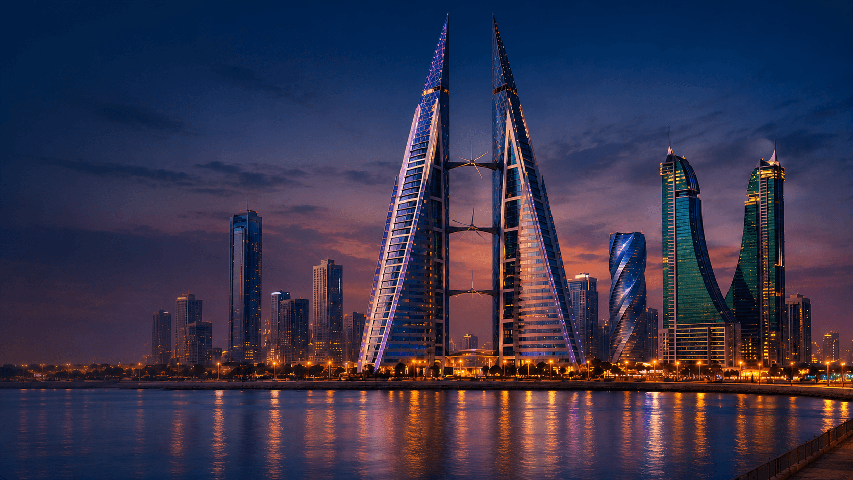Manama skyline and Bahrain World Trade Center across the bay at dusk