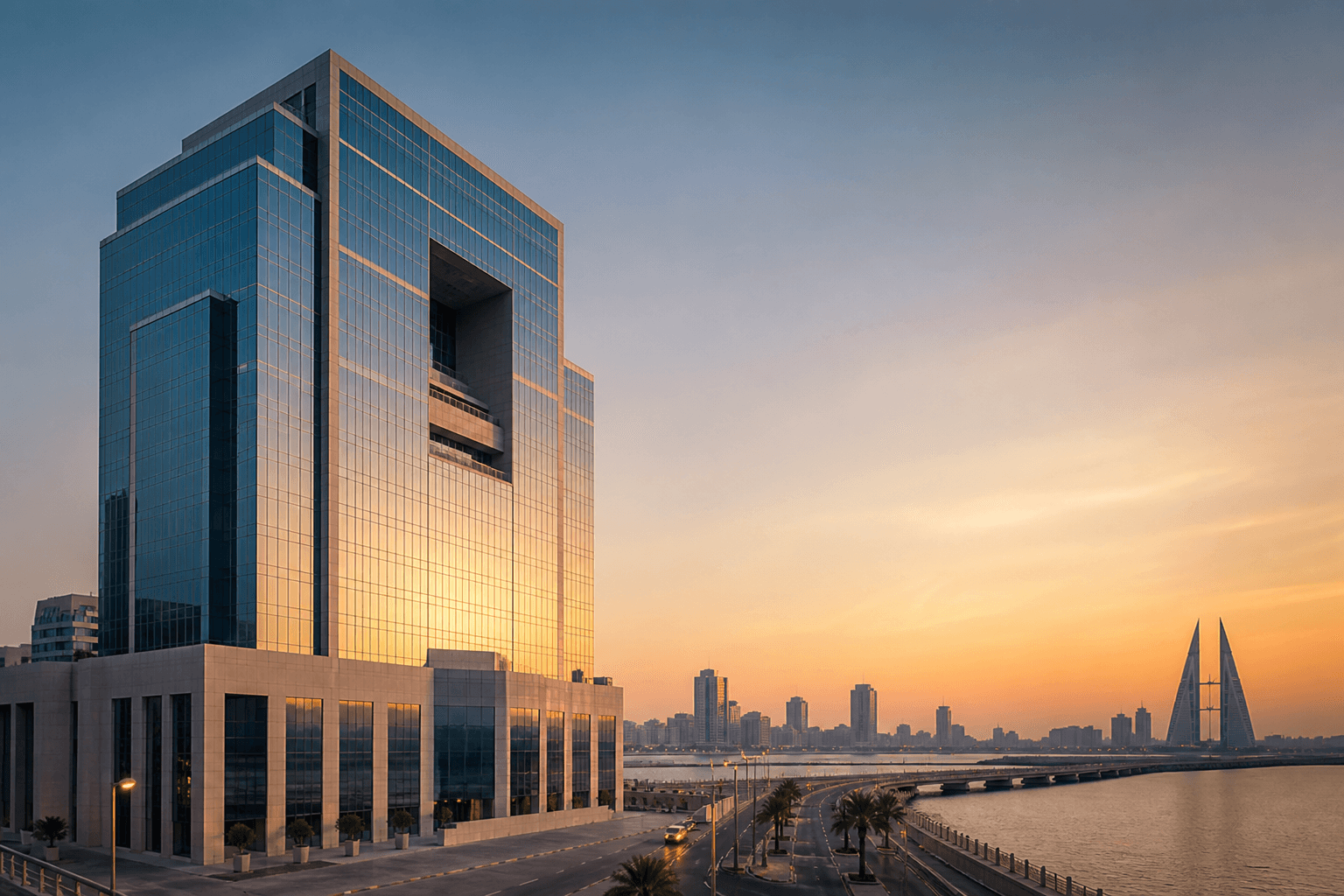 Manama waterfront office tower at sunset for Bahrain virtual office and registered address